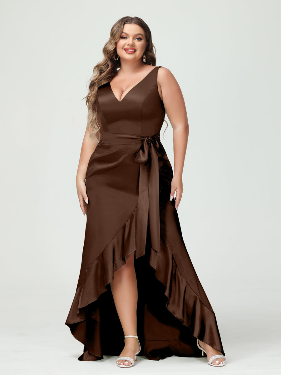 Sheath/Column V-Neck Sleeveless Ruffles High Low Plus Size Dresses with Pockets & Sash Brown