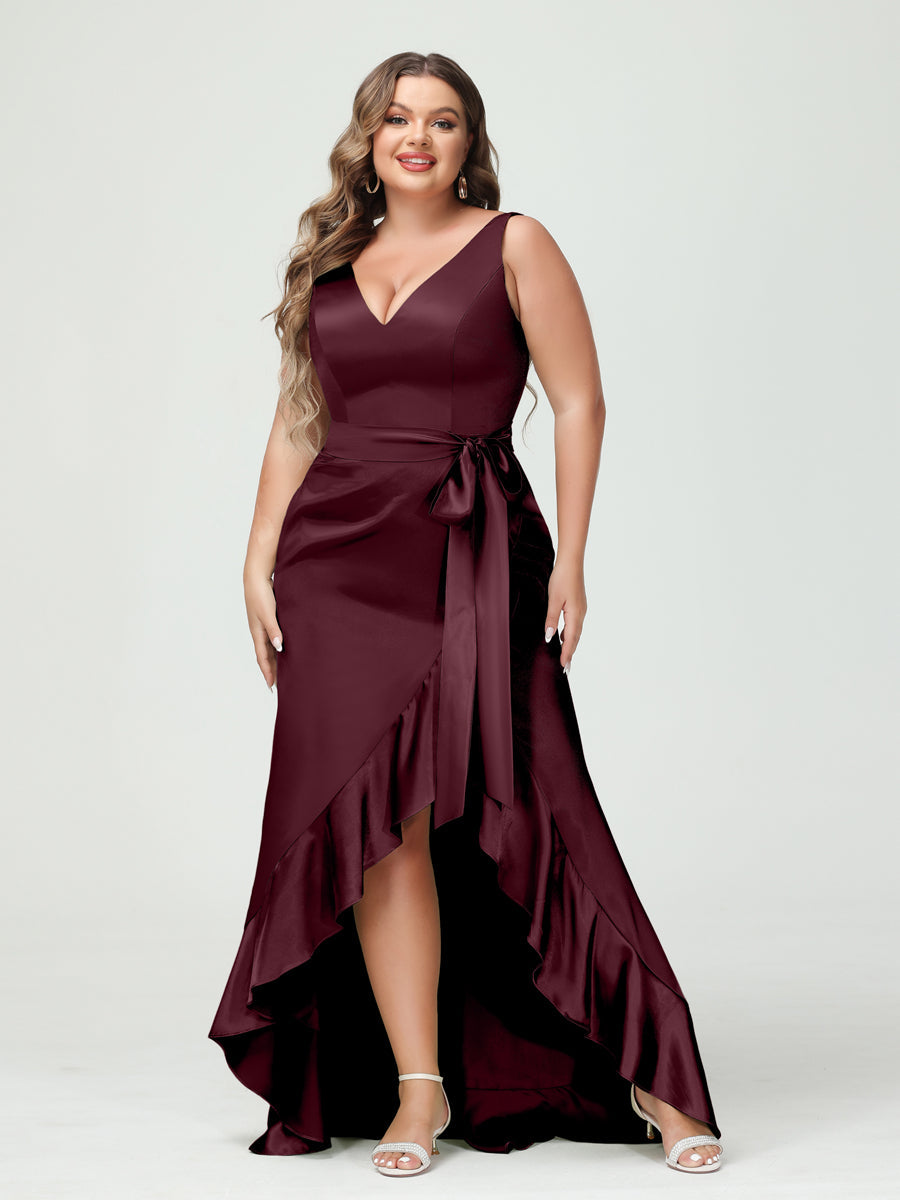 Sheath/Column V-Neck Sleeveless Ruffles High Low Plus Size Dresses with Pockets & Sash Burgundy