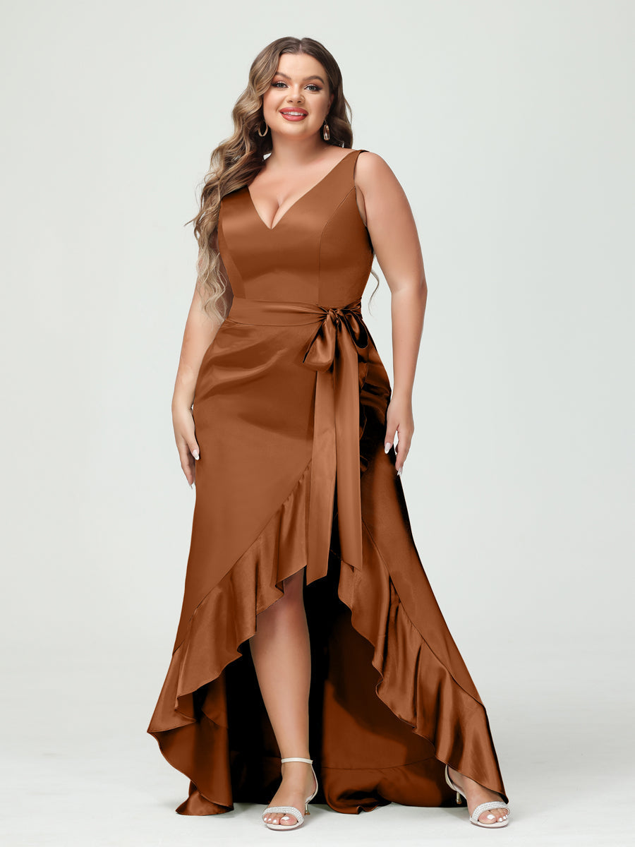 Sheath/Column V-Neck Sleeveless Ruffles High Low Plus Size Dresses with Pockets & Sash Burnt Orange