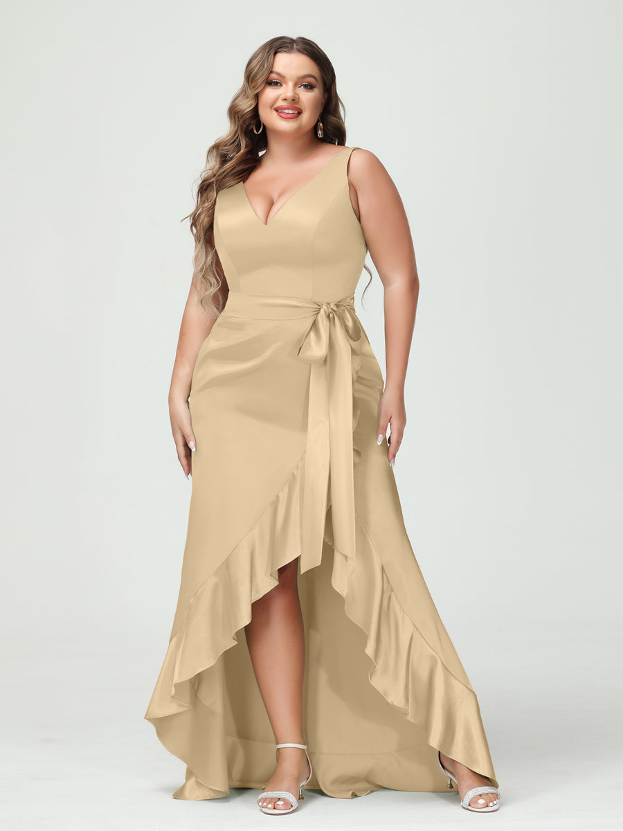 Sheath/Column V-Neck Sleeveless Ruffles High Low Plus Size Dresses with Pockets & Sash Champagne