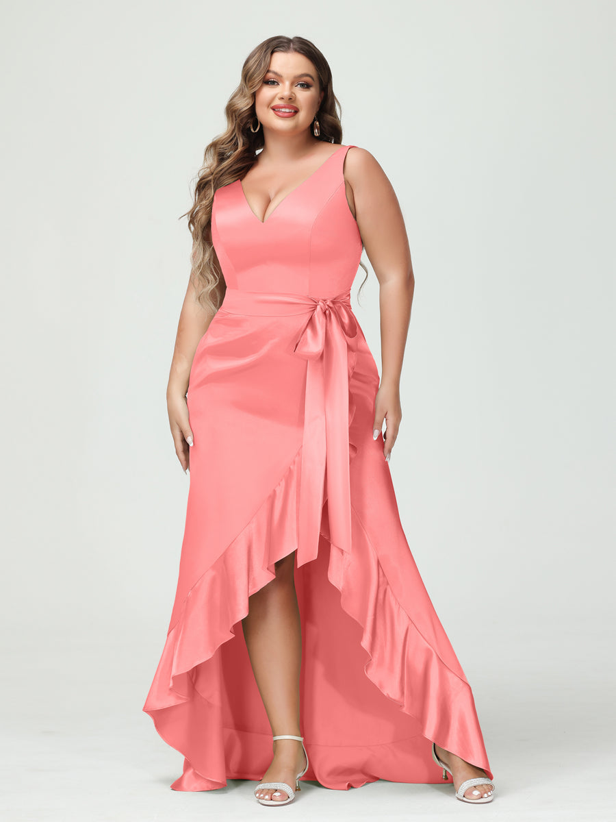 Sheath/Column V-Neck Sleeveless Ruffles High Low Plus Size Dresses with Pockets & Sash Coral