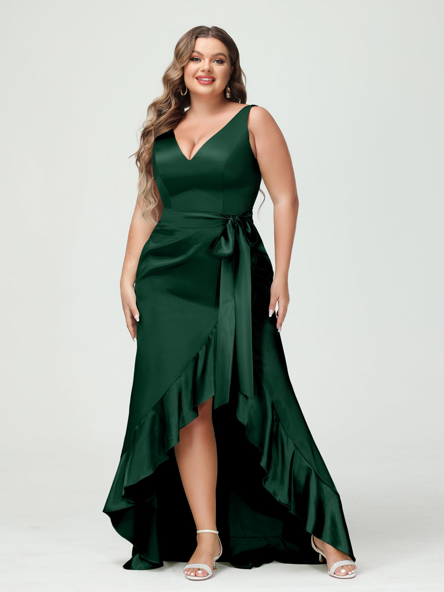 Sheath/Column V-Neck Sleeveless Ruffles High Low Plus Size Dresses with Pockets & Sash Dark Green