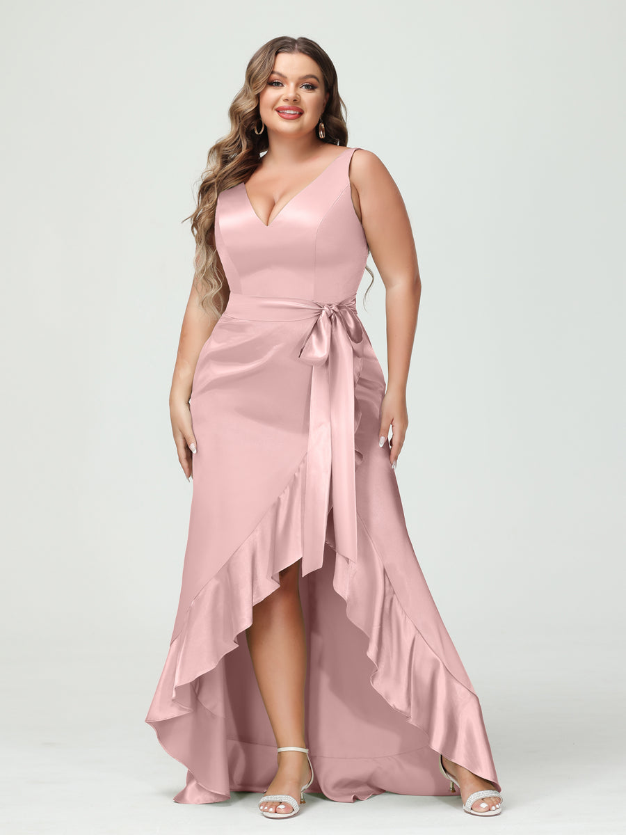 Sheath/Column V-Neck Sleeveless Ruffles High Low Plus Size Dresses with Pockets & Sash Dusty Pink