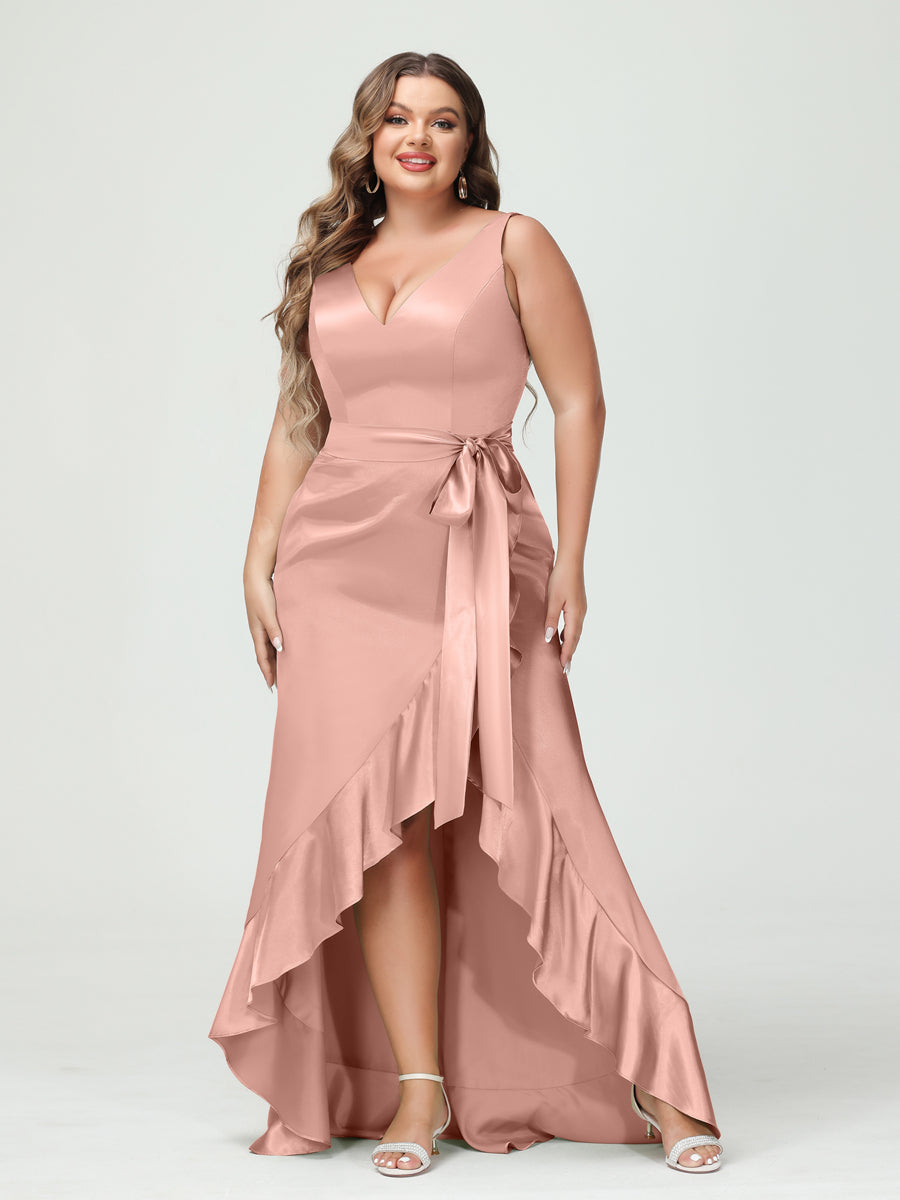 Sheath/Column V-Neck Sleeveless Ruffles High Low Plus Size Dresses with Pockets & Sash Dusty Rose