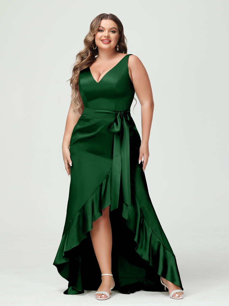 Sheath/Column V-Neck Sleeveless Ruffles High Low Plus Size Dresses with Pockets & Sash Emerald
