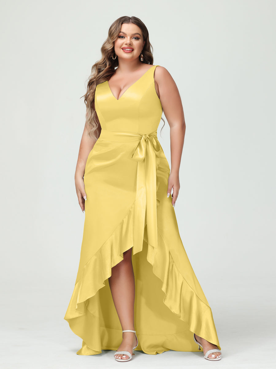 Sheath/Column V-Neck Sleeveless Ruffles High Low Plus Size Dresses with Pockets & Sash Gold