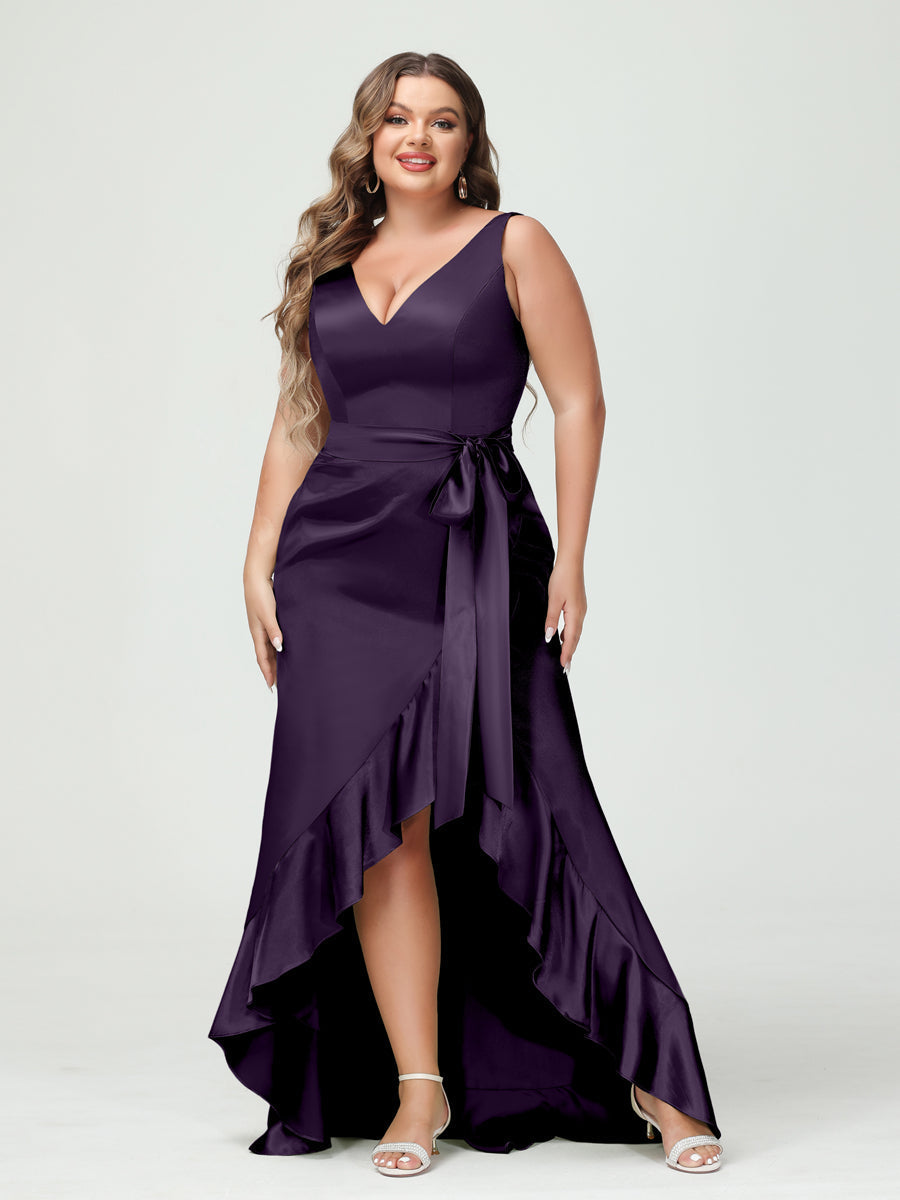 Sheath/Column V-Neck Sleeveless Ruffles High Low Plus Size Dresses with Pockets & Sash Grape