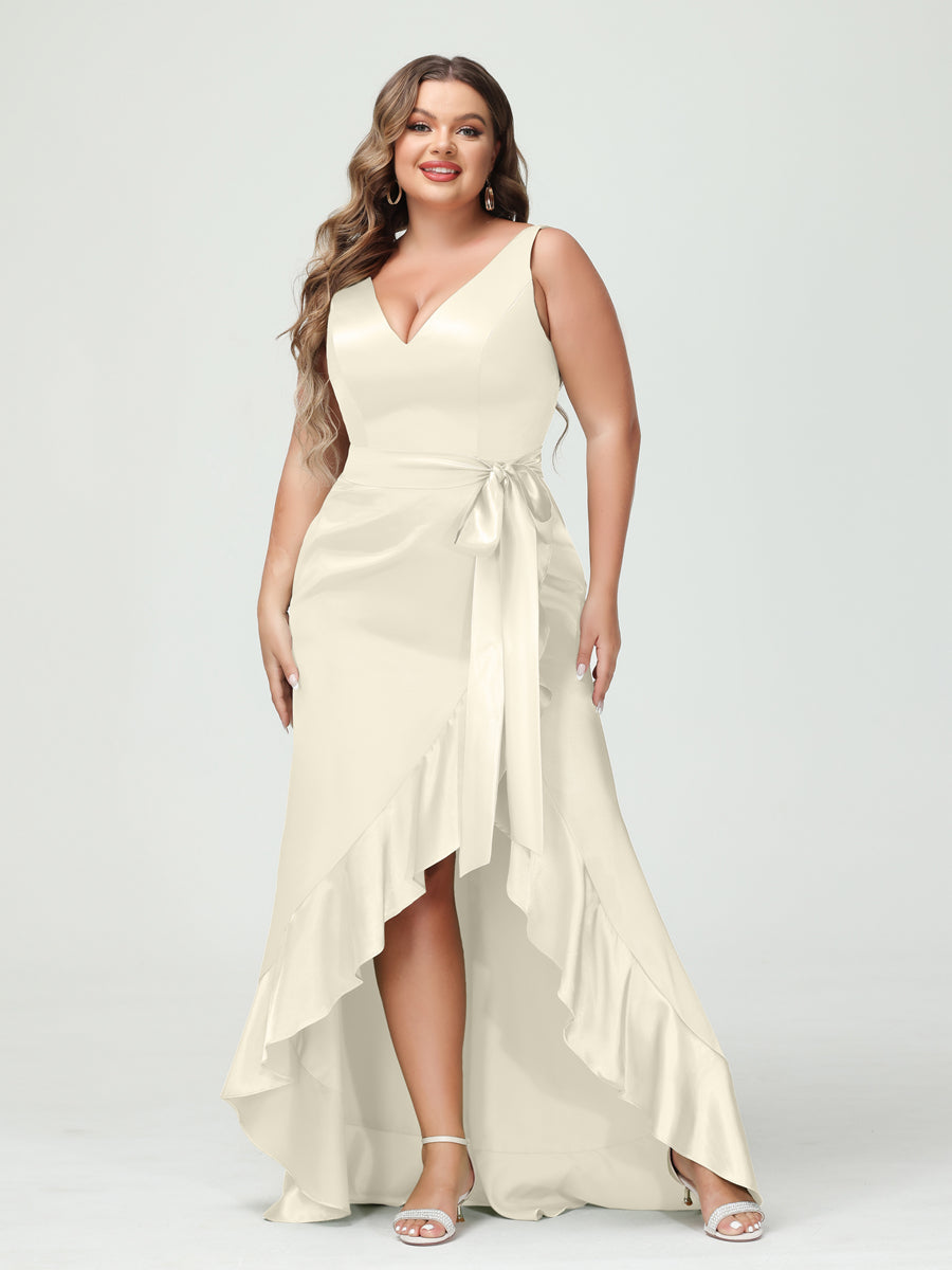 Sheath/Column V-Neck Sleeveless Ruffles High Low Plus Size Dresses with Pockets & Sash Ivory