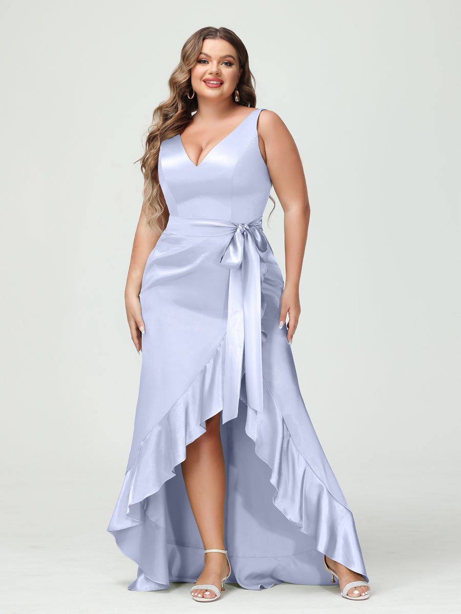 Sheath/Column V-Neck Sleeveless Ruffles High Low Plus Size Dresses with Pockets & Sash Lavender