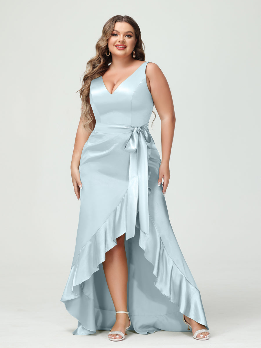 Sheath/Column V-Neck Sleeveless Ruffles High Low Plus Size Dresses with Pockets & Sash Light Blue