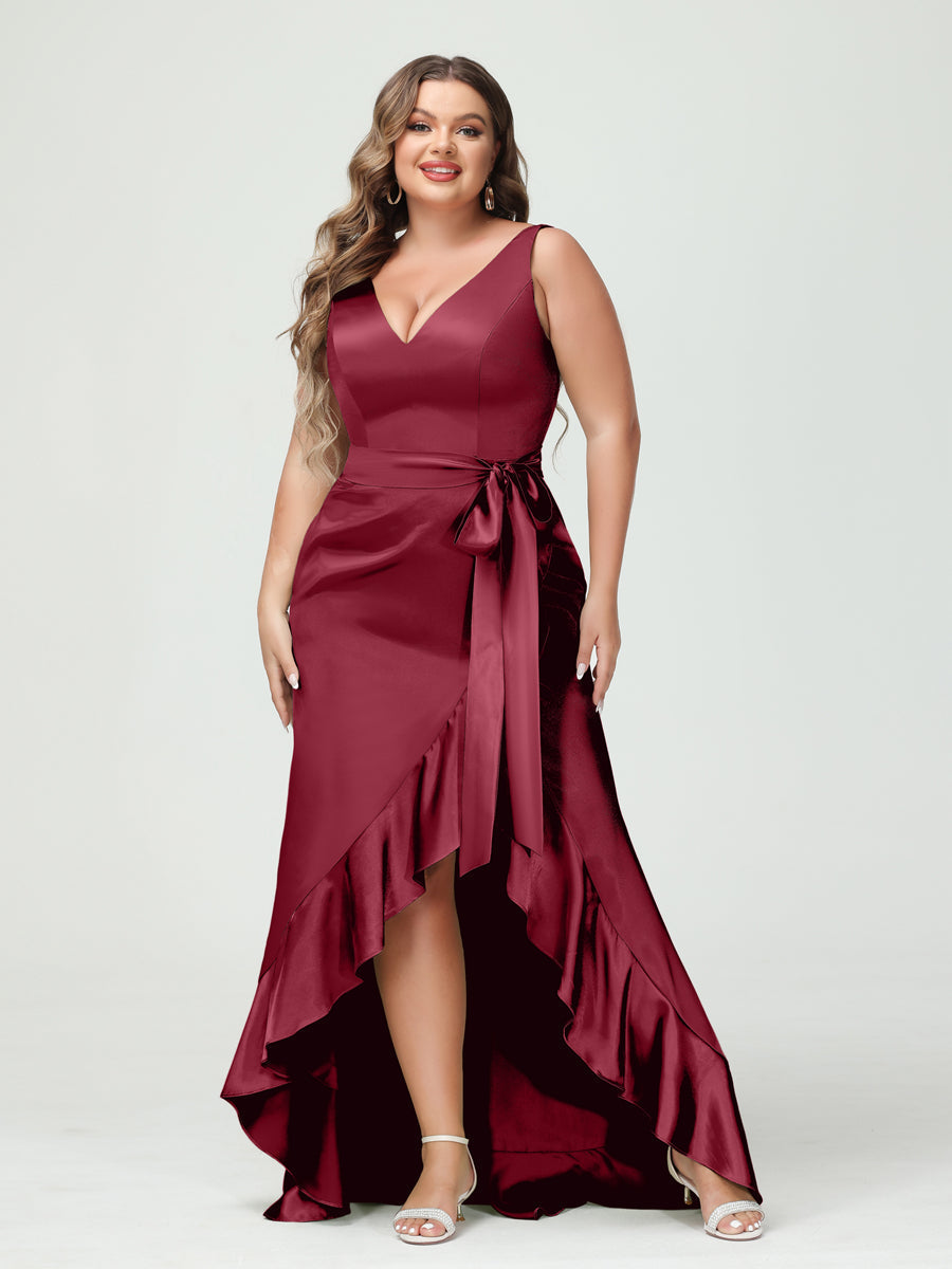 Sheath/Column V-Neck Sleeveless Ruffles High Low Plus Size Dresses with Pockets & Sash Light Burgundy
