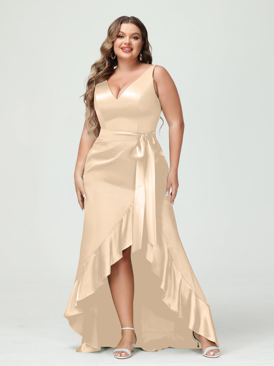 Sheath/Column V-Neck Sleeveless Ruffles High Low Plus Size Dresses with Pockets & Sash Light Champagne