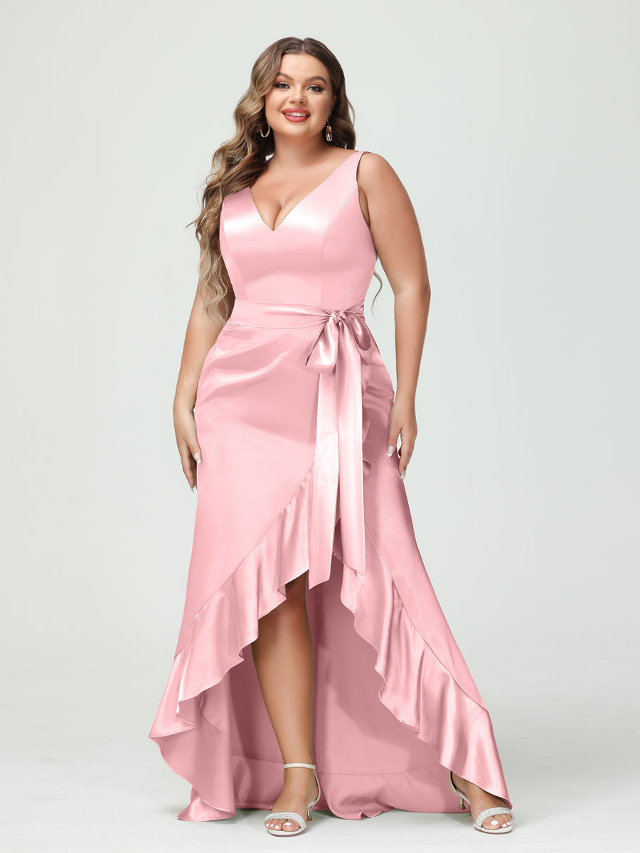 Sheath/Column V-Neck Sleeveless Ruffles High Low Plus Size Dresses with Pockets & Sash Light Pink