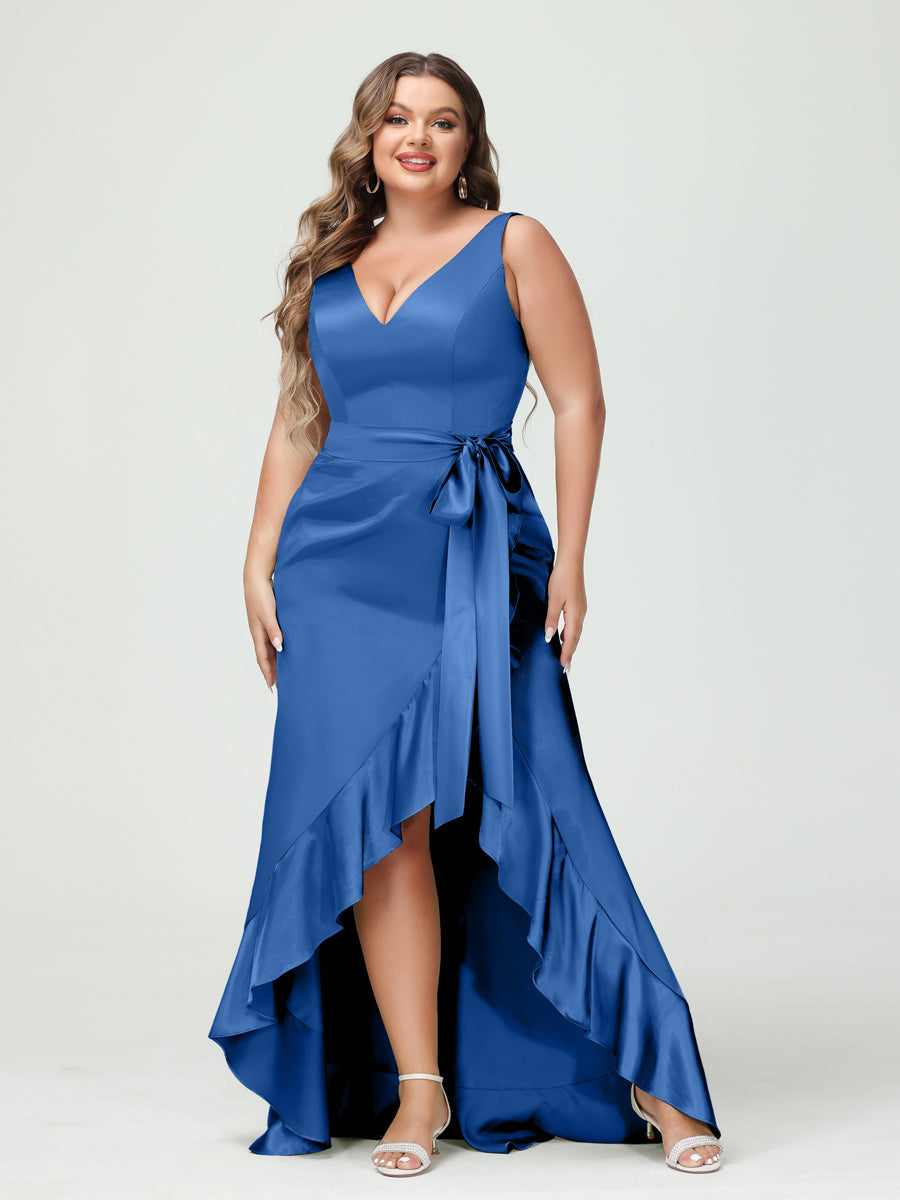 Sheath/Column V-Neck Sleeveless Ruffles High Low Plus Size Dresses with Pockets & Sash Light Royal Blue