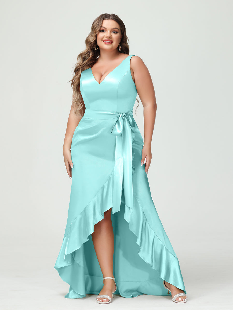 Sheath/Column V-Neck Sleeveless Ruffles High Low Plus Size Dresses with Pockets & Sash Light Sky Blue