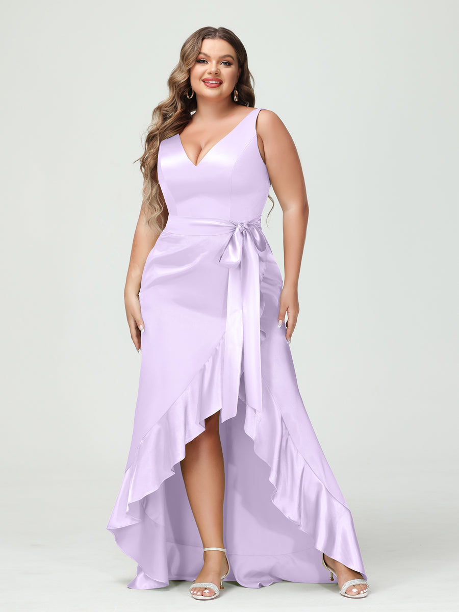 Sheath/Column V-Neck Sleeveless Ruffles High Low Plus Size Dresses with Pockets & Sash Lilac