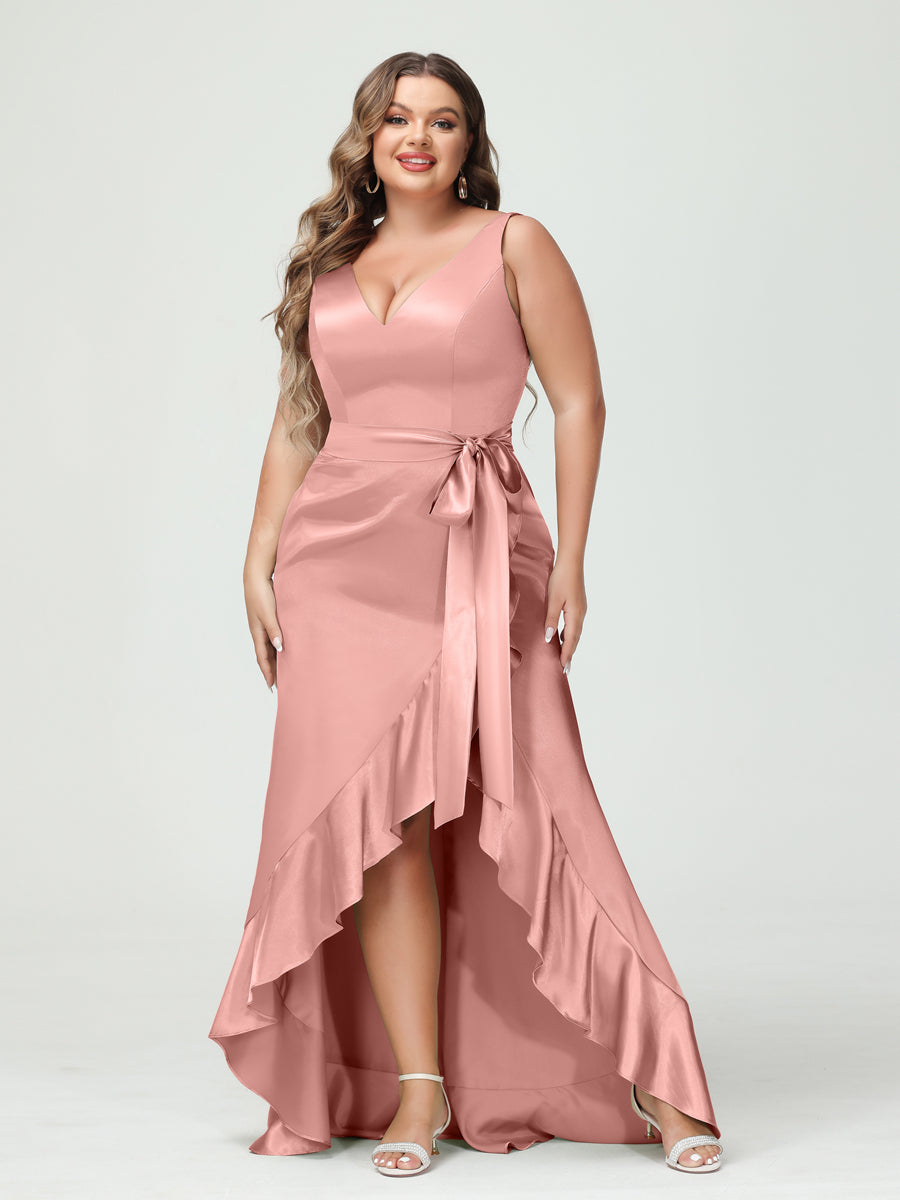 Sheath/Column V-Neck Sleeveless Ruffles High Low Plus Size Dresses with Pockets & Sash Mauve
