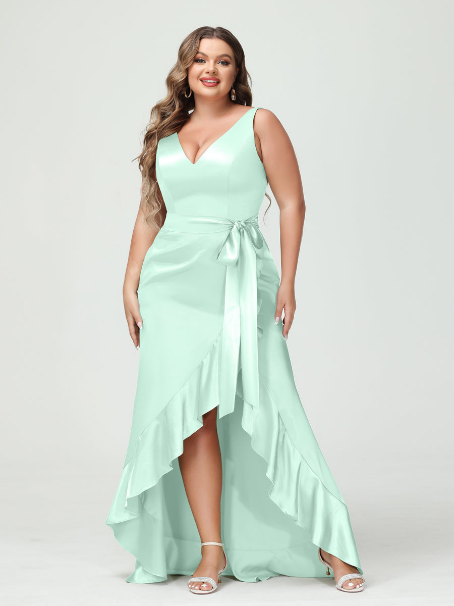 Sheath/Column V-Neck Sleeveless Ruffles High Low Plus Size Dresses with Pockets & Sash Mist Blue
