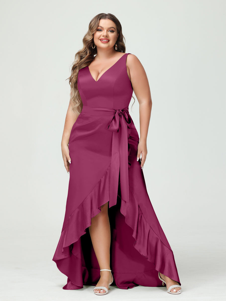 Sheath/Column V-Neck Sleeveless Ruffles High Low Plus Size Dresses with Pockets & Sash Mulberry