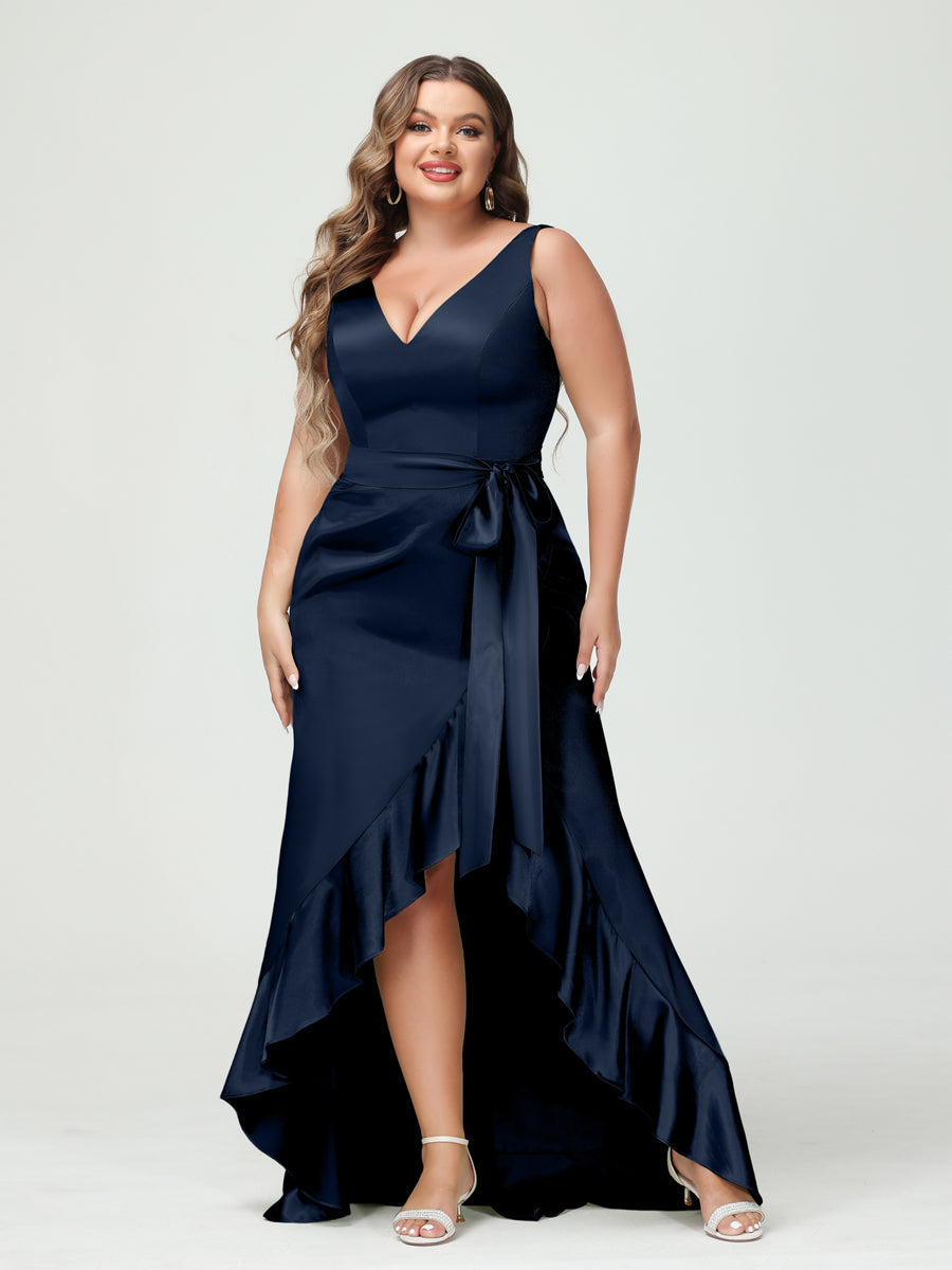 Sheath/Column V-Neck Sleeveless Ruffles High Low Plus Size Dresses with Pockets & Sash Navy Blue