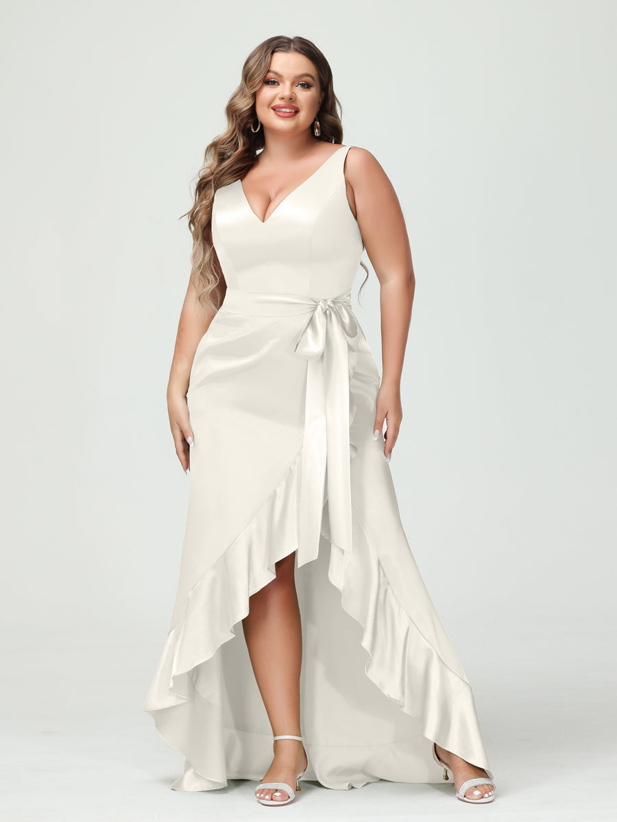 Sheath/Column V-Neck Sleeveless Ruffles High Low Plus Size Dresses with Pockets & Sash Off White