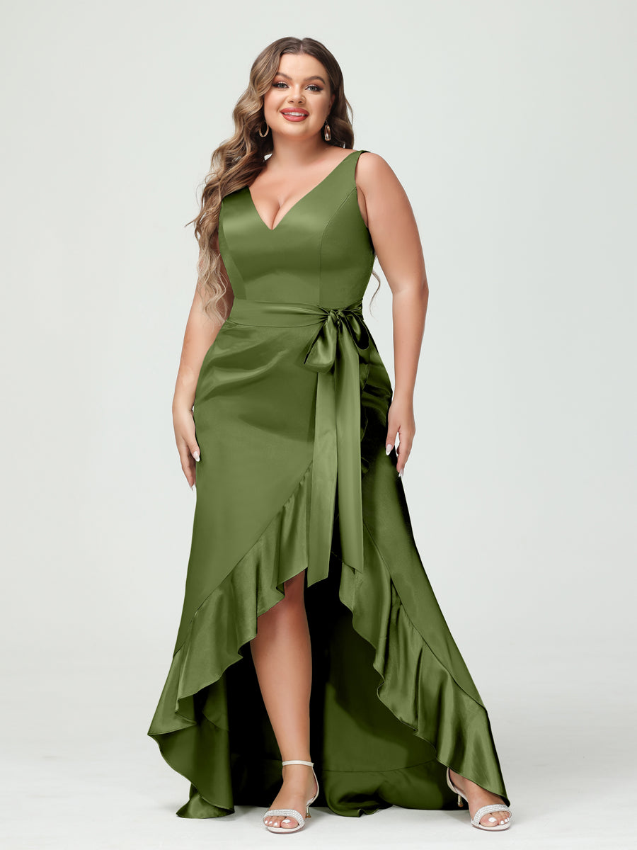 Sheath/Column V-Neck Sleeveless Ruffles High Low Plus Size Dresses with Pockets & Sash Olive Green
