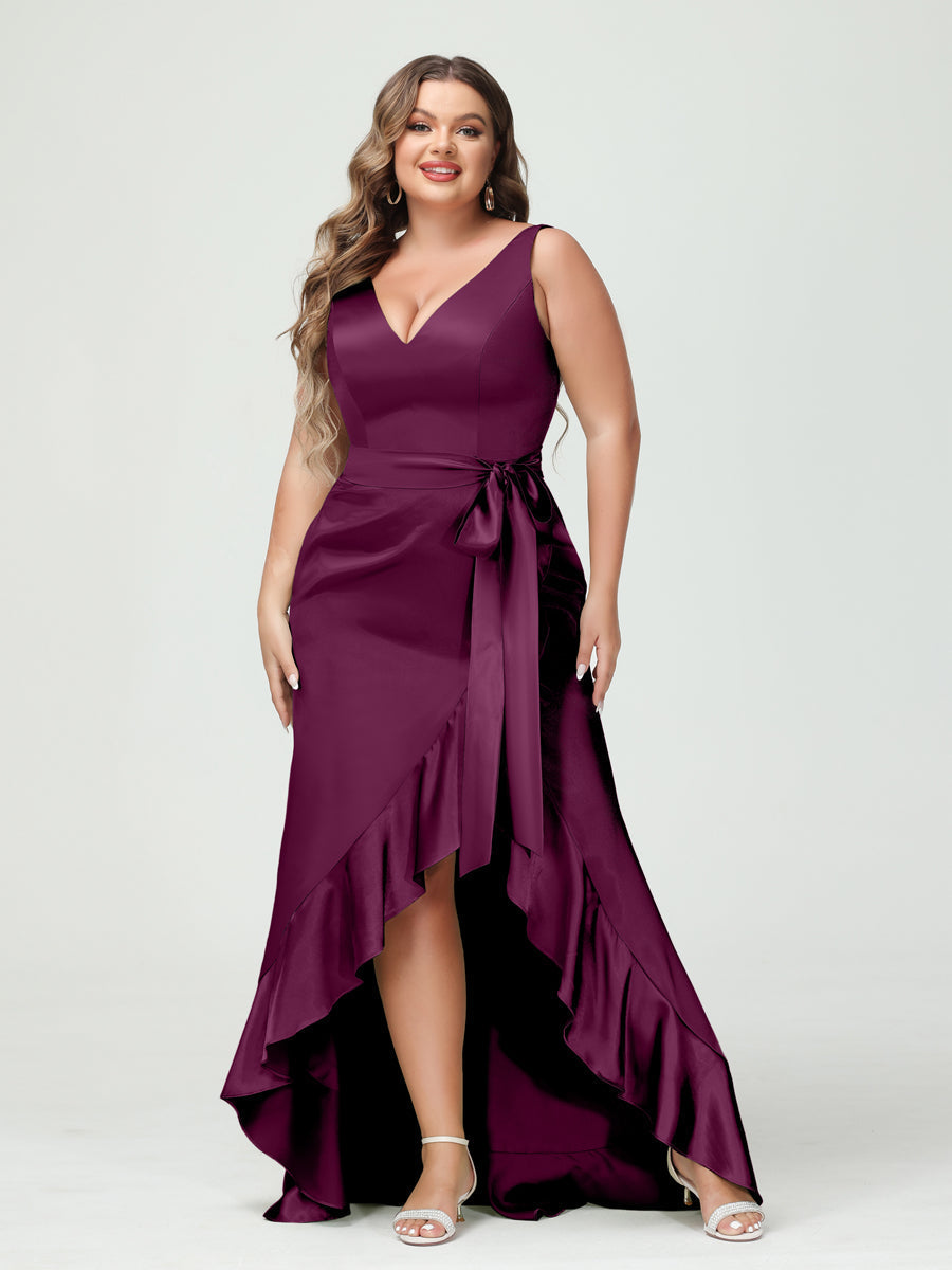 Sheath/Column V-Neck Sleeveless Ruffles High Low Plus Size Dresses with Pockets & Sash Orchid