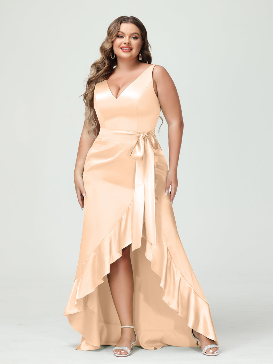 Sheath/Column V-Neck Sleeveless Ruffles High Low Plus Size Dresses with Pockets & Sash Peach Pink