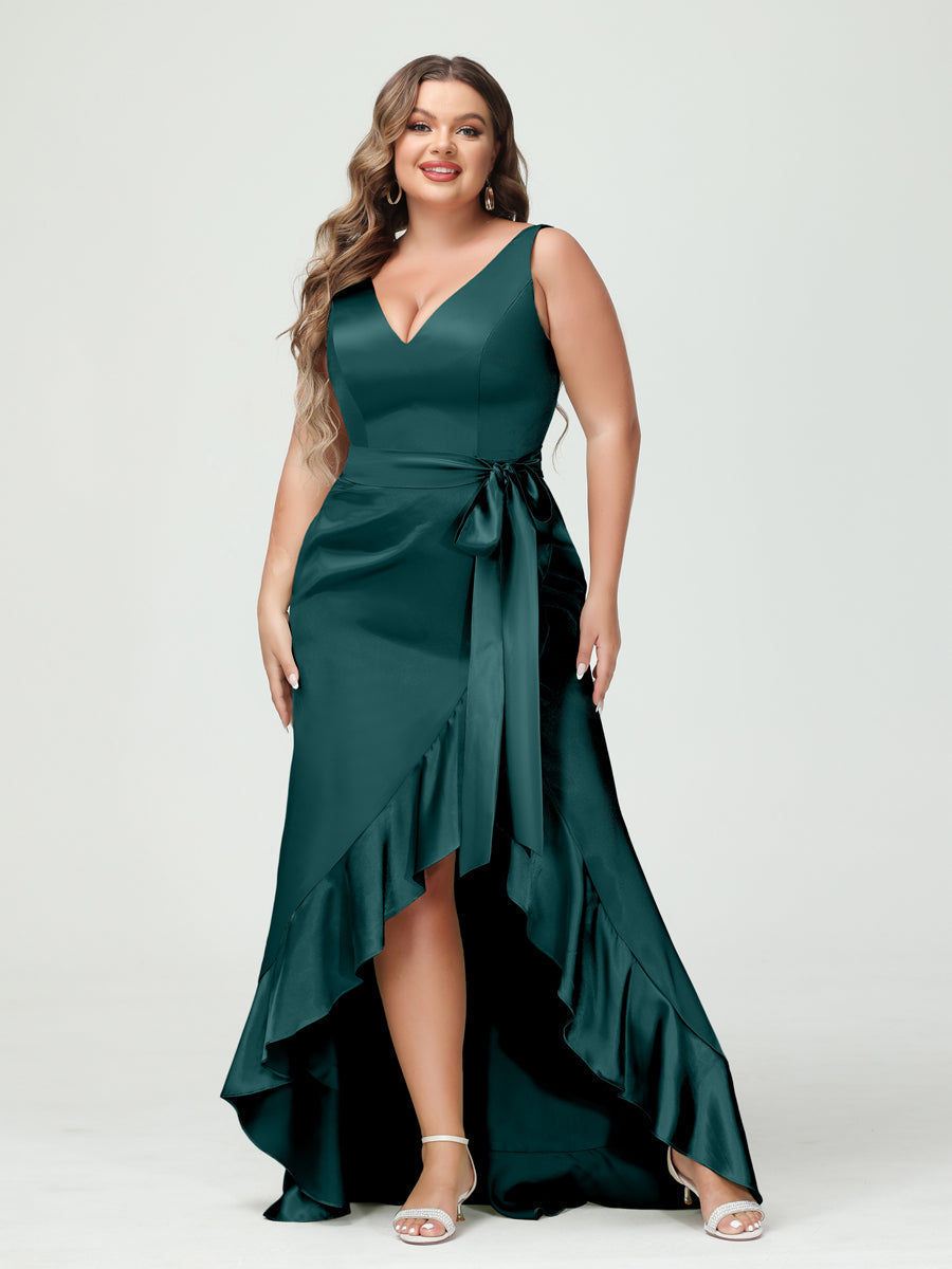 Sheath/Column V-Neck Sleeveless Ruffles High Low Plus Size Dresses with Pockets & Sash Peacock
