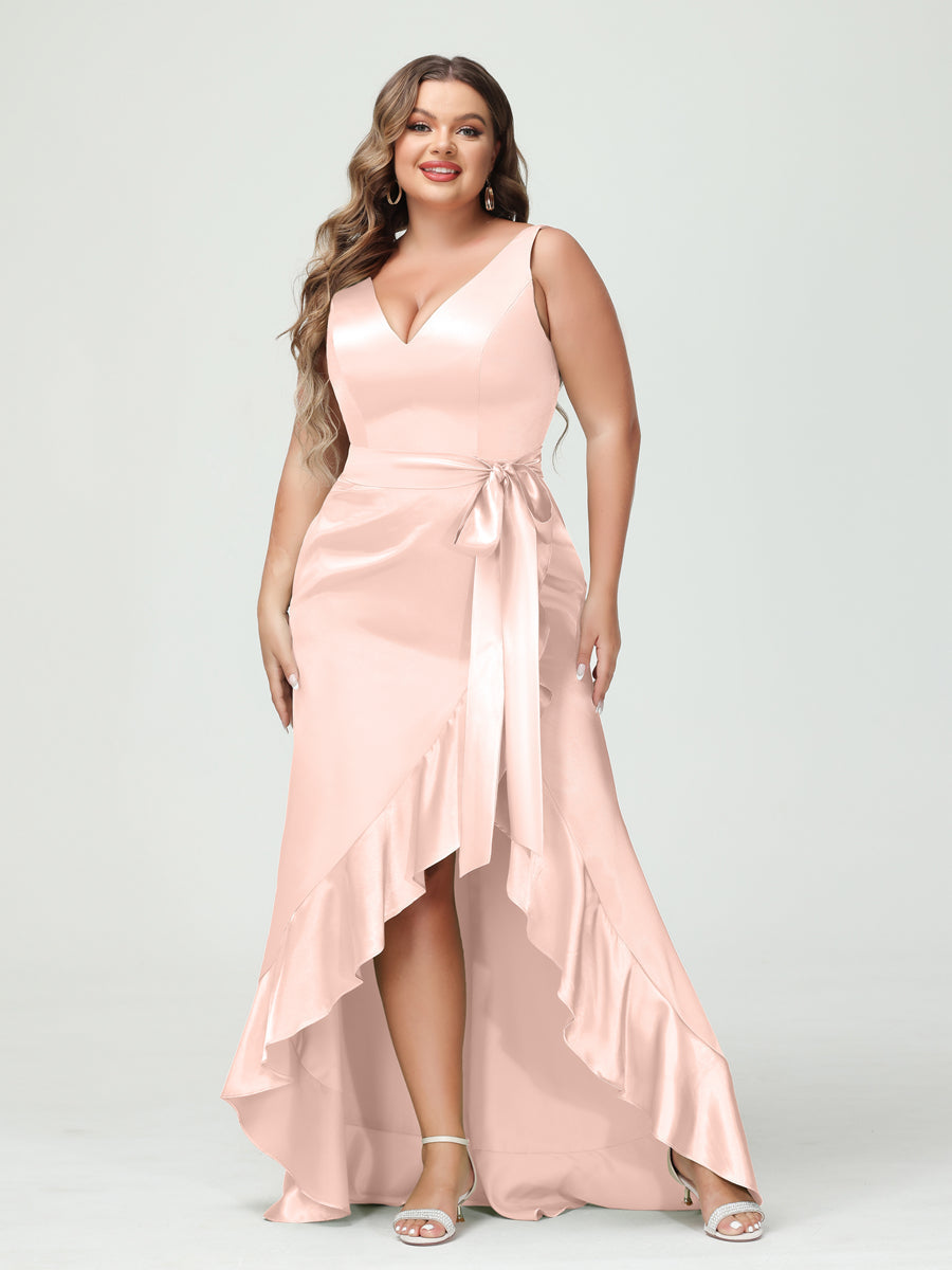 Sheath/Column V-Neck Sleeveless Ruffles High Low Plus Size Dresses with Pockets & Sash Pearl Pink