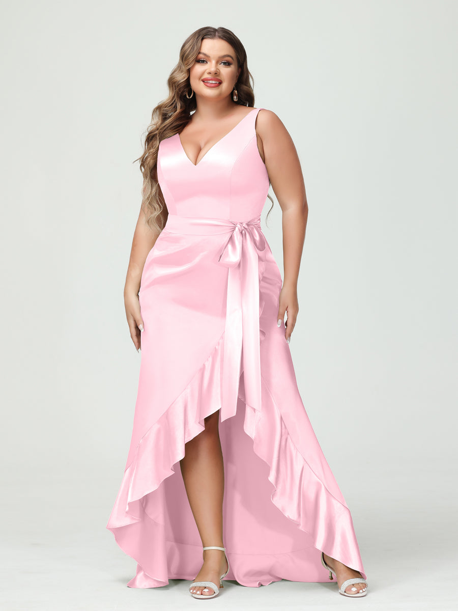 Sheath/Column V-Neck Sleeveless Ruffles High Low Plus Size Dresses with Pockets & Sash Pink