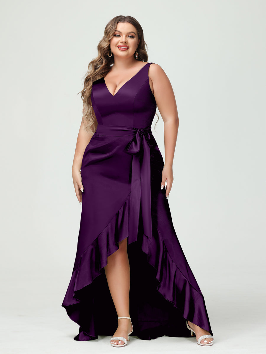 Sheath/Column V-Neck Sleeveless Ruffles High Low Plus Size Dresses with Pockets & Sash Plum
