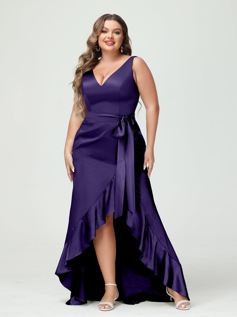 Sheath/Column V-Neck Sleeveless Ruffles High Low Plus Size Dresses with Pockets & Sash Purple