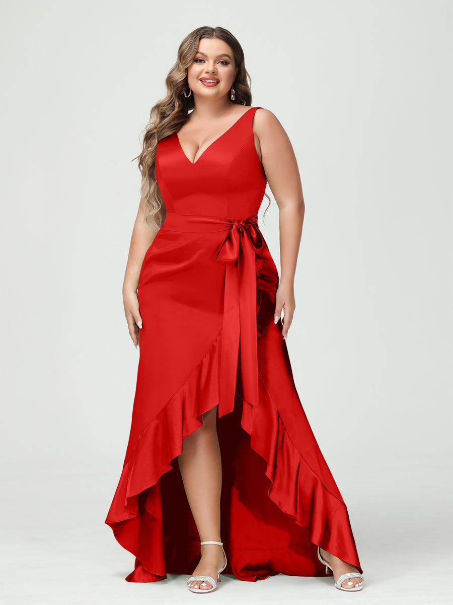 Sheath/Column V-Neck Sleeveless Ruffles High Low Plus Size Dresses with Pockets & Sash Red