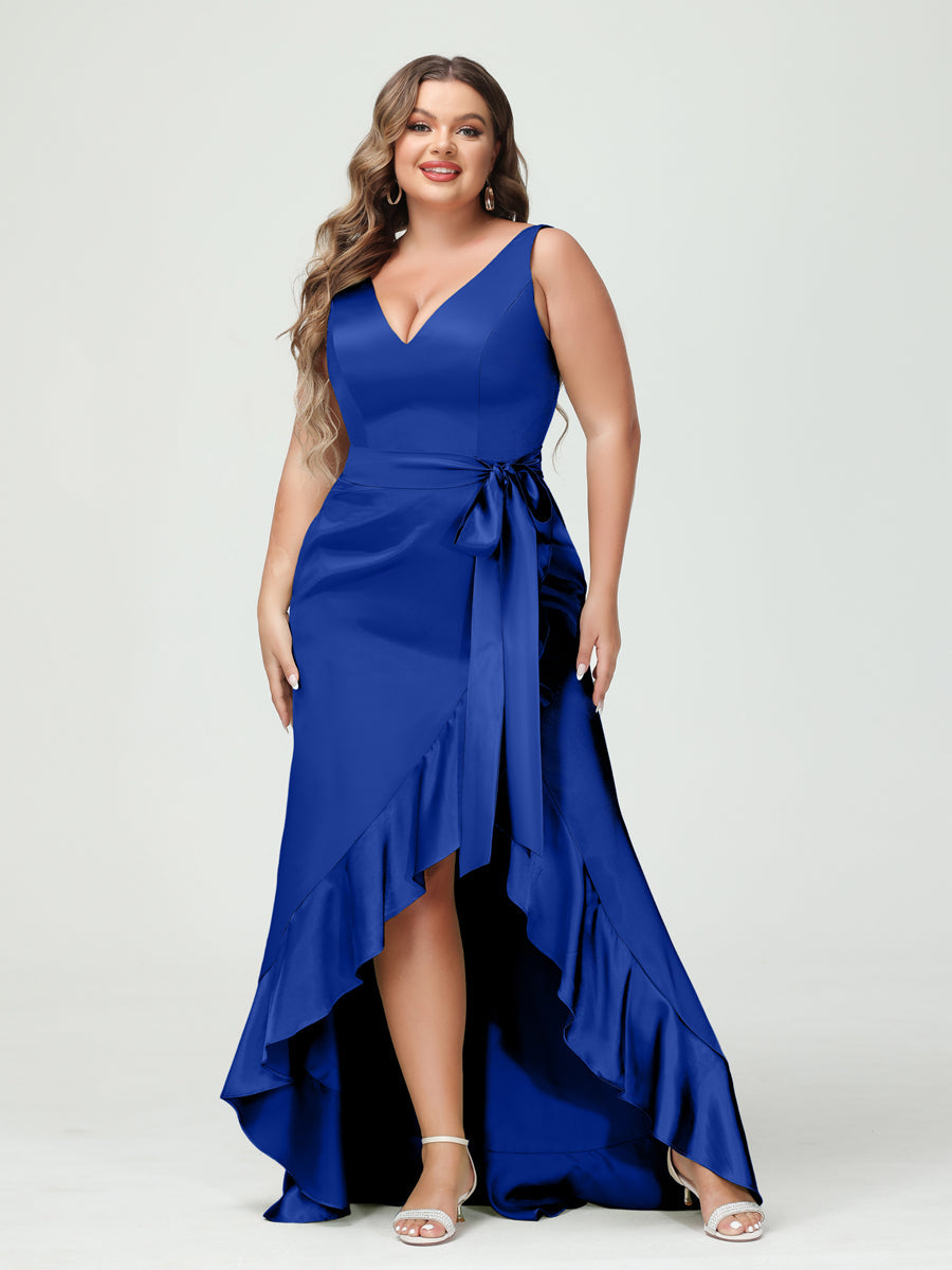 Sheath/Column V-Neck Sleeveless Ruffles High Low Plus Size Dresses with Pockets & Sash Royal Blue
