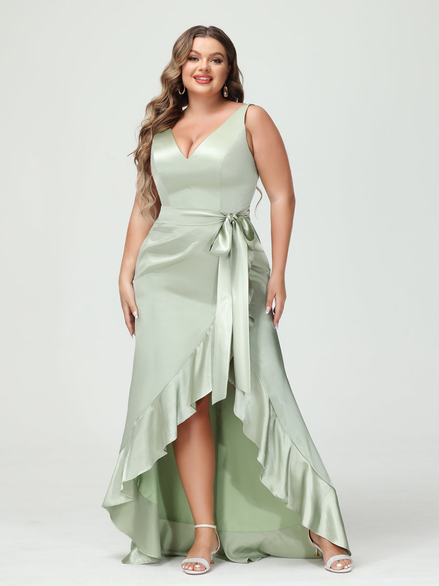 Sheath/Column V-Neck Sleeveless Ruffles High Low Plus Size Dresses with Pockets & Sash Sage