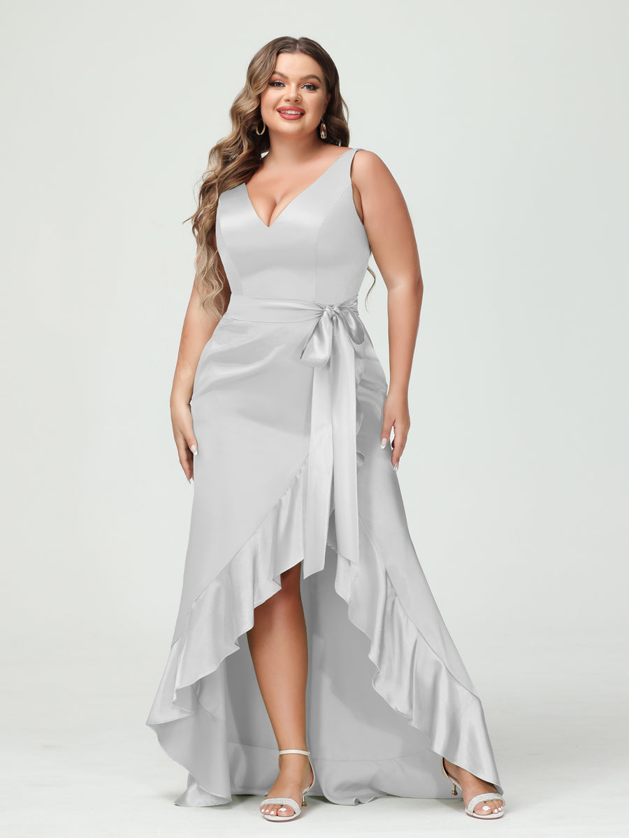 Sheath/Column V-Neck Sleeveless Ruffles High Low Plus Size Dresses with Pockets & Sash Silver