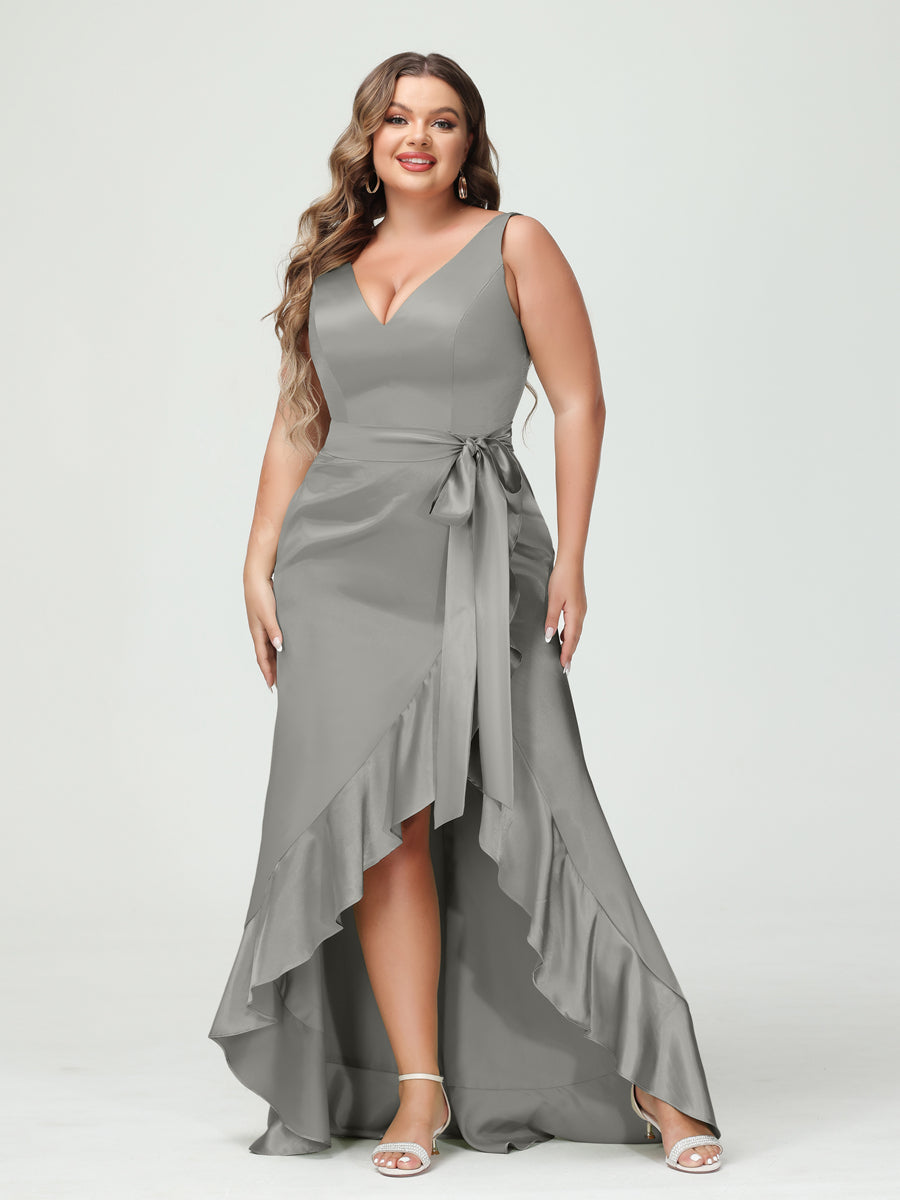 Sheath/Column V-Neck Sleeveless Ruffles High Low Plus Size Dresses with Pockets & Sash Silver Gray