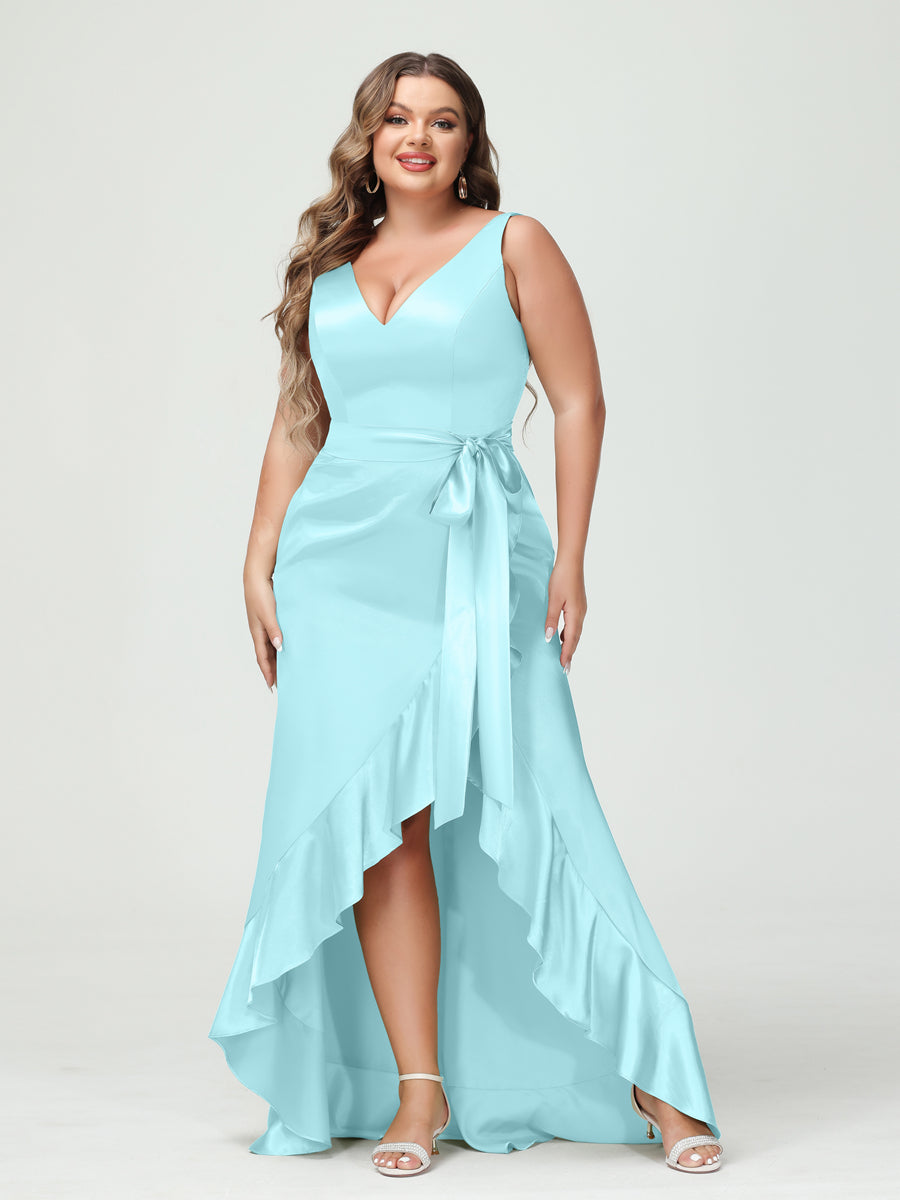 Sheath/Column V-Neck Sleeveless Ruffles High Low Plus Size Dresses with Pockets & Sash Sky Blue