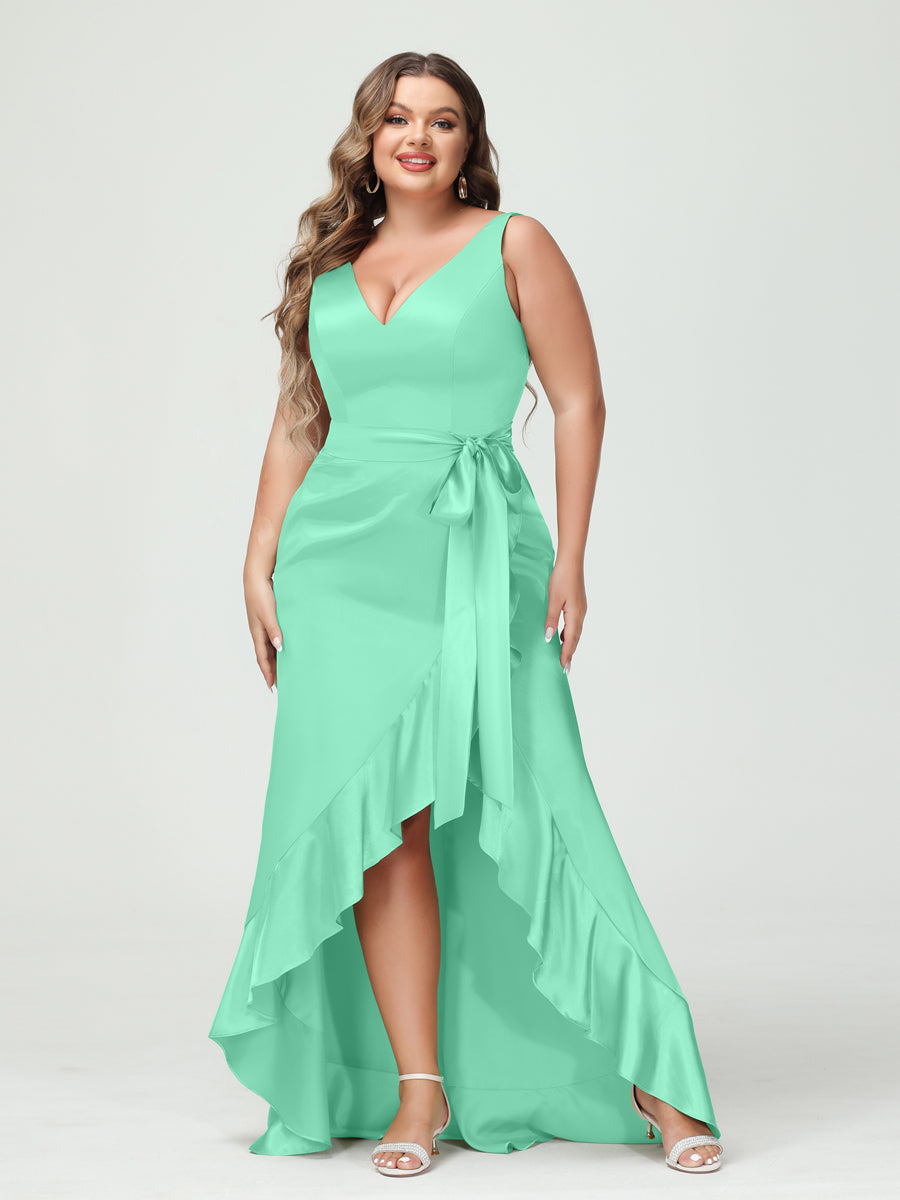 Sheath/Column V-Neck Sleeveless Ruffles High Low Plus Size Dresses with Pockets & Sash Spa