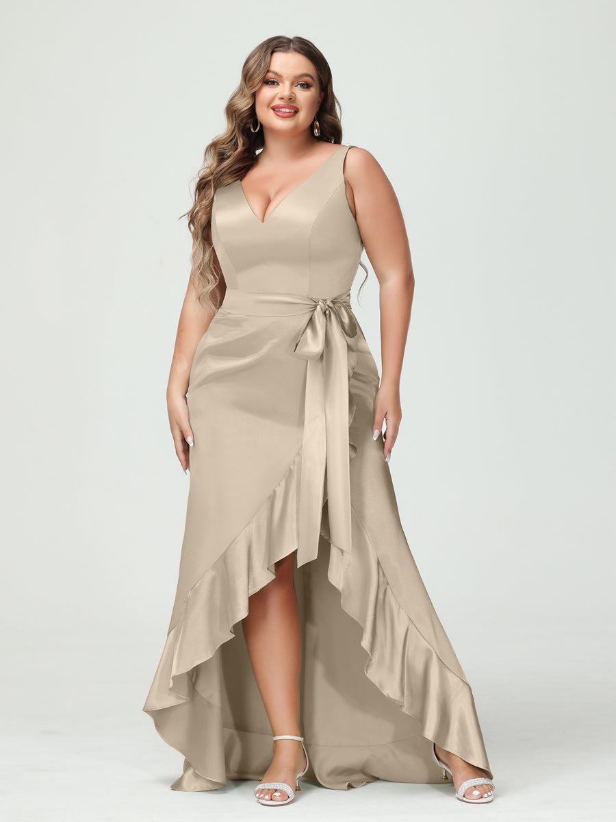 Sheath/Column V-Neck Sleeveless Ruffles High Low Plus Size Dresses with Pockets & Sash Taupe