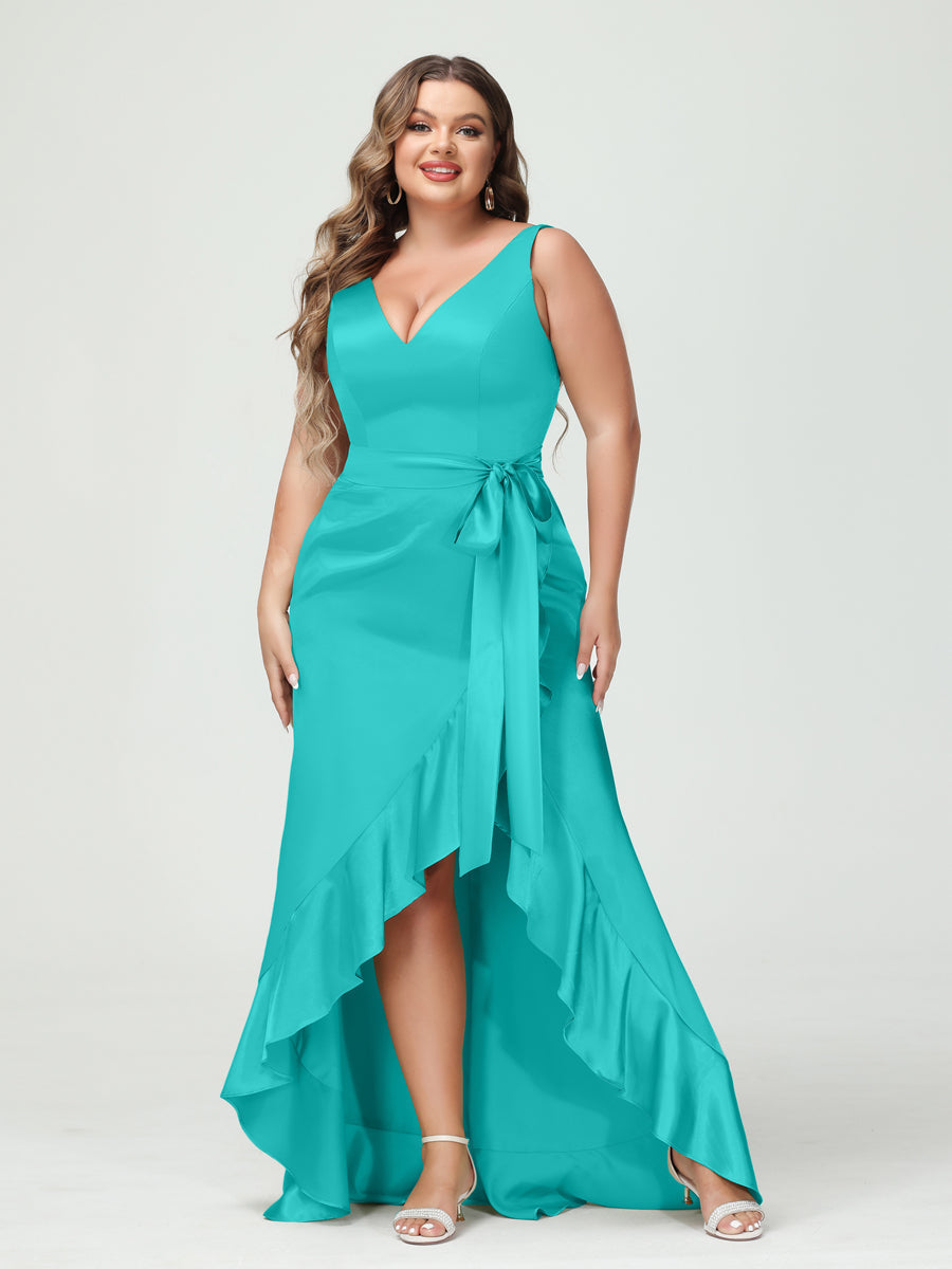 Sheath/Column V-Neck Sleeveless Ruffles High Low Plus Size Dresses with Pockets & Sash Turquoise