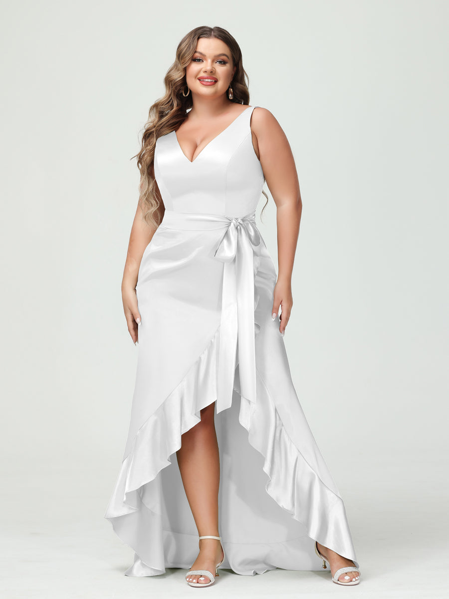 Sheath/Column V-Neck Sleeveless Ruffles High Low Plus Size Dresses with Pockets & Sash White