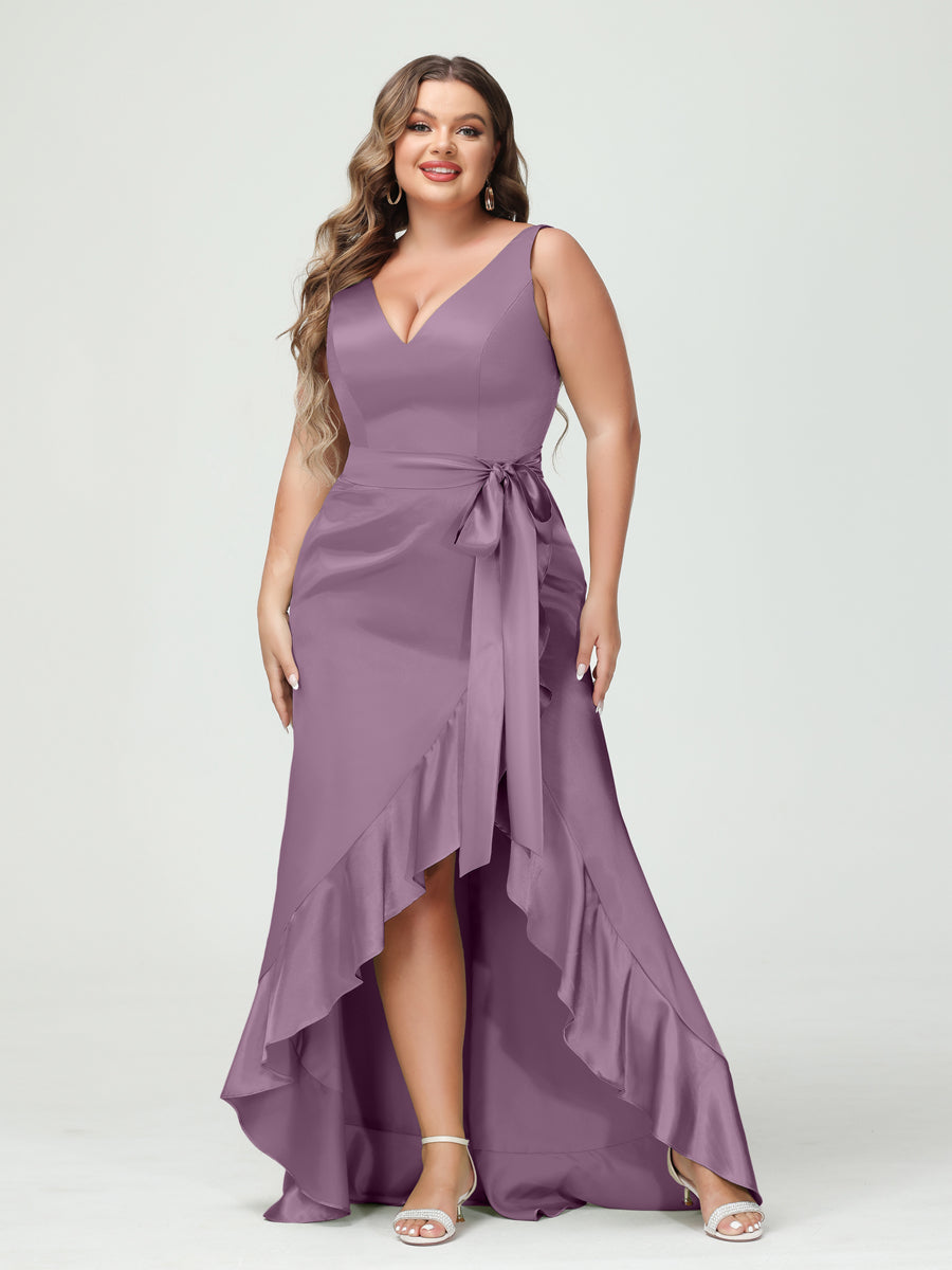 Sheath/Column V-Neck Sleeveless Ruffles High Low Plus Size Dresses with Pockets & Sash Wisteria