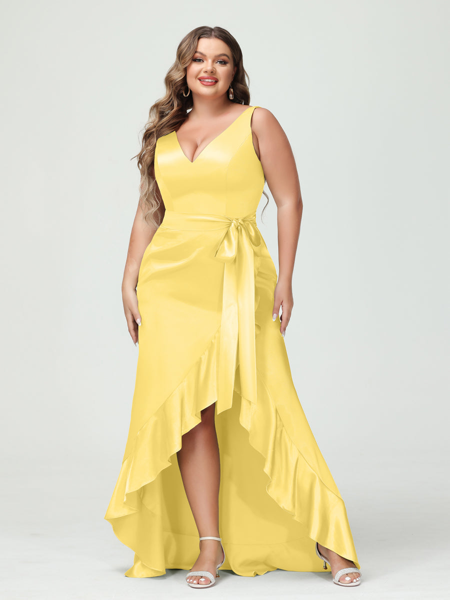 Sheath/Column V-Neck Sleeveless Ruffles High Low Plus Size Dresses with Pockets & Sash Custom Color