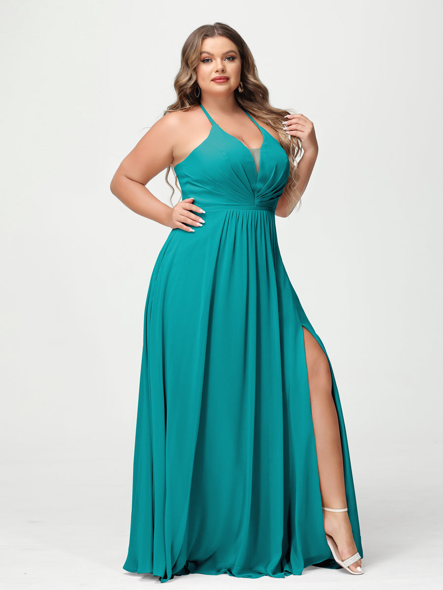 A-Line/Princess Halter Sleeveless Chiffon Ruched Split Side Plus Size Bridesmaid Dresses with Pockets Aqua Blue