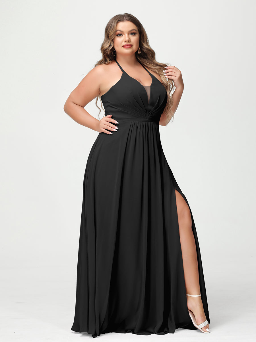 A-Line/Princess Halter Sleeveless Chiffon Ruched Split Side Plus Size Bridesmaid Dresses with Pockets Black