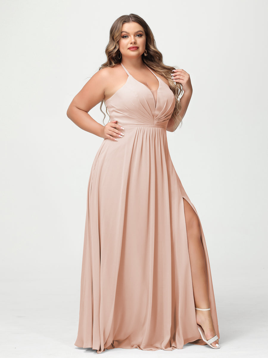 A-Line/Princess Halter Sleeveless Chiffon Ruched Split Side Plus Size Bridesmaid Dresses with Pockets Blush Pink