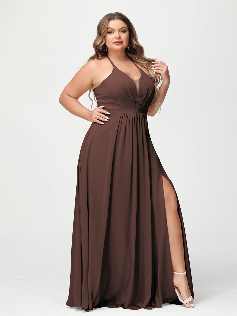 A-Line/Princess Halter Sleeveless Chiffon Ruched Split Side Plus Size Bridesmaid Dresses with Pockets Brown