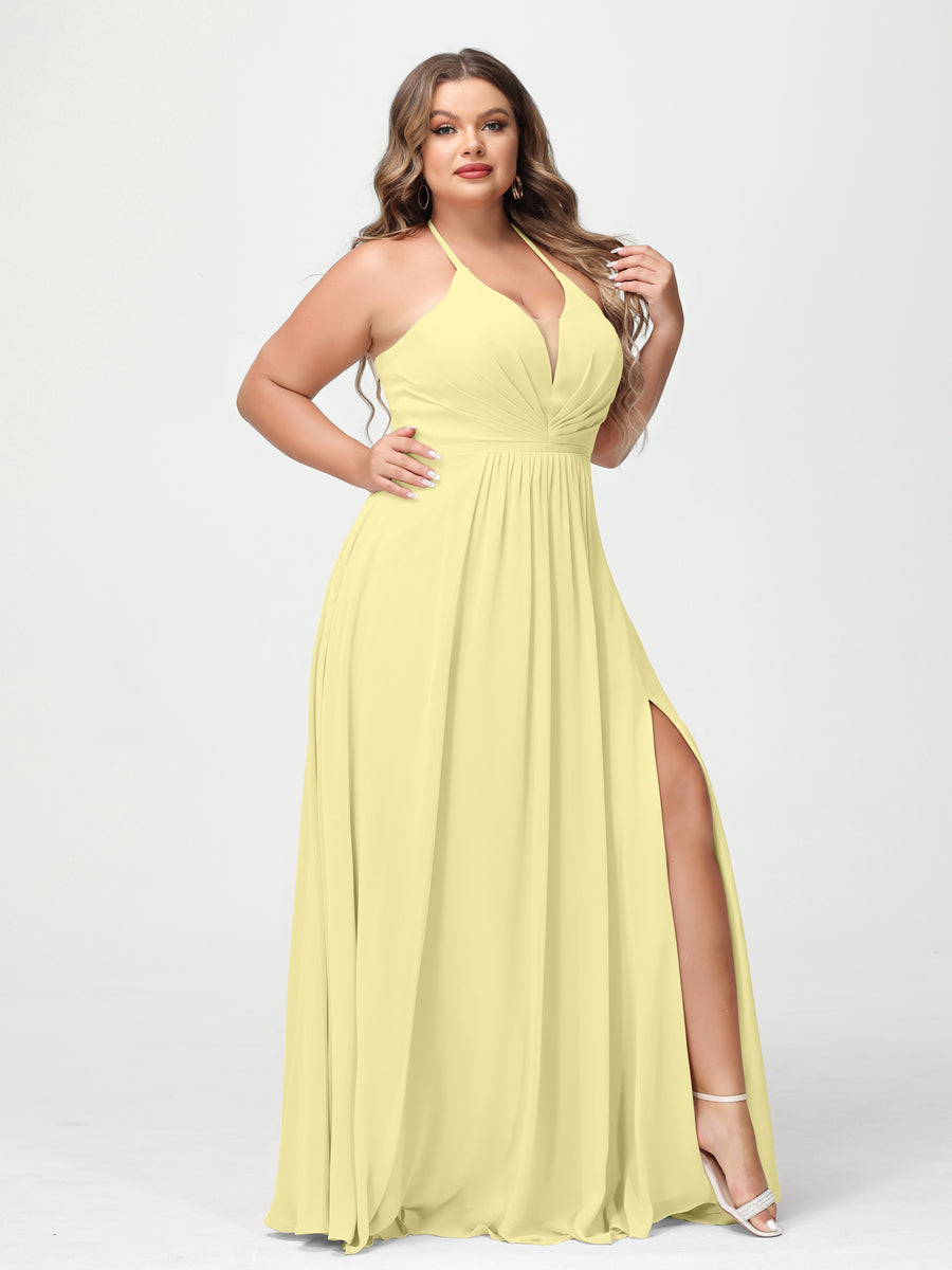 A-Line/Princess Halter Sleeveless Chiffon Ruched Split Side Plus Size Bridesmaid Dresses with Pockets Canary